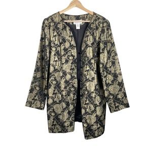 Vintage Gold Metallic Floral Tapestry Jacket Longline Blazer Size 14 Button Up